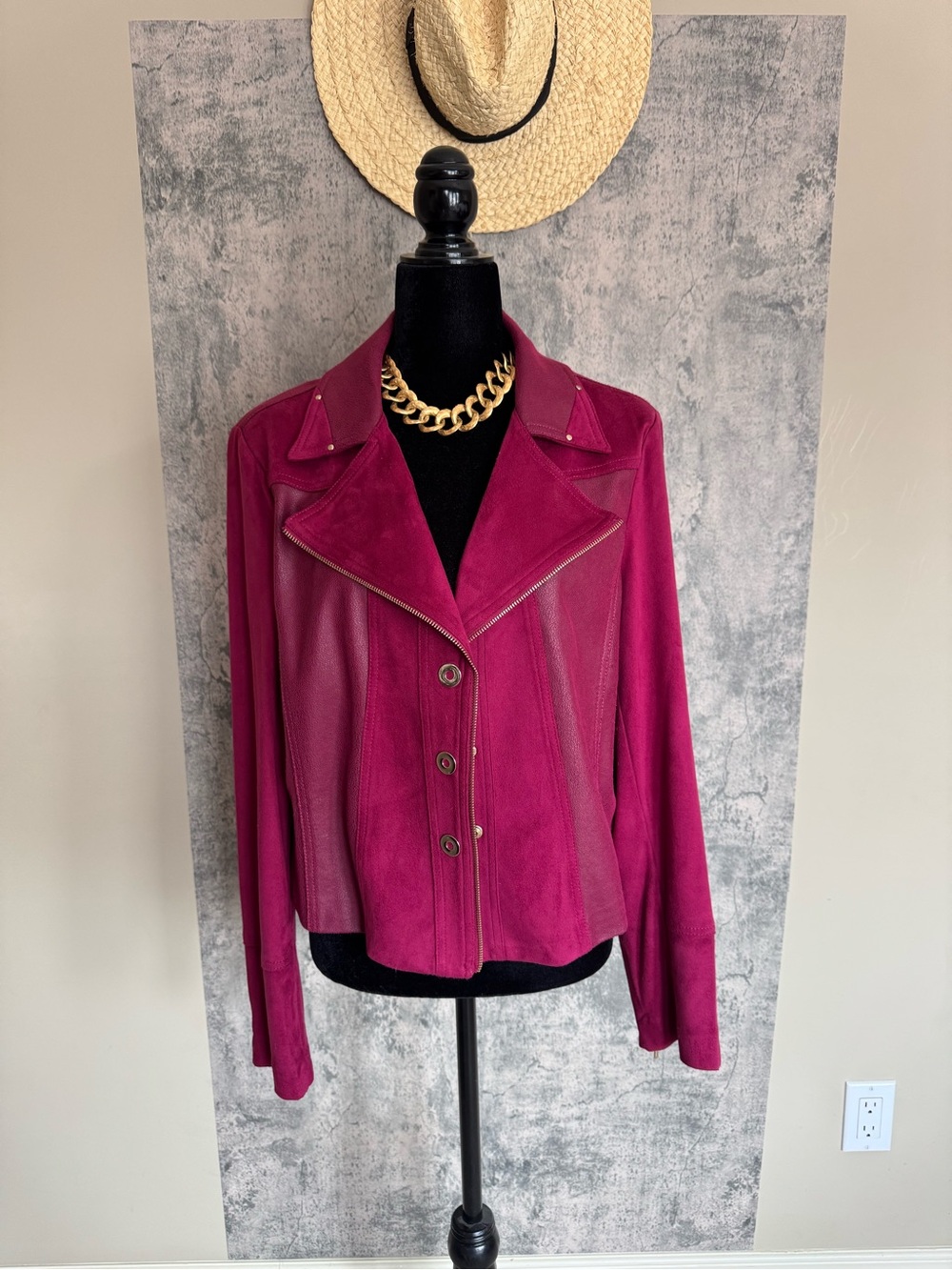 Laura Faux Suede Moto Jacket – Size 16 – Berry/Magenta – Asymmetrical Zip Jacket